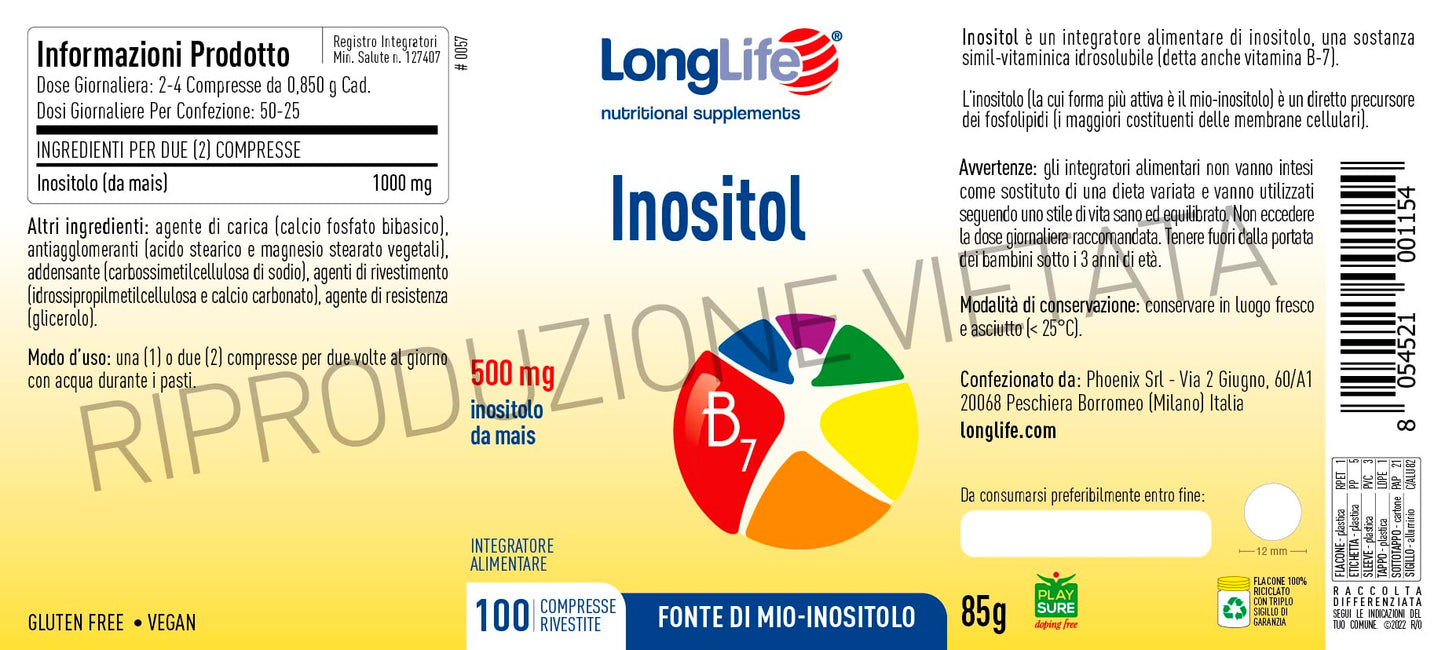 LongLife® Inositol | Fonte di mio-inositolo | 500mg di inositolo da mais | Benessere e depurazione | 100 compresse | Senza glutine e vegano