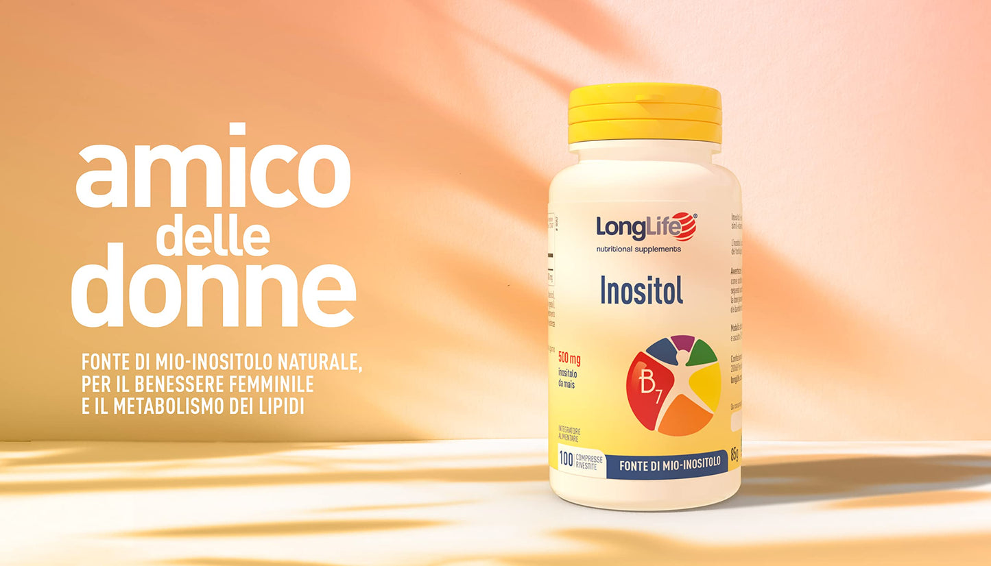 LongLife® Inositol | Fonte di mio-inositolo | 500mg di inositolo da mais | Benessere e depurazione | 100 compresse | Senza glutine e vegano